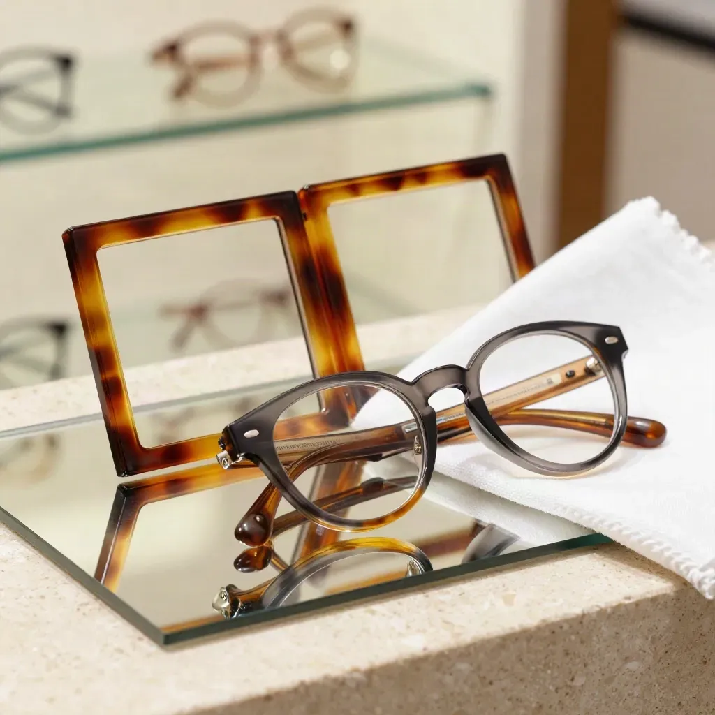 Twee acetaatbrillen op travertin met spiegeltray; een derde montuur schuift net vooraan.