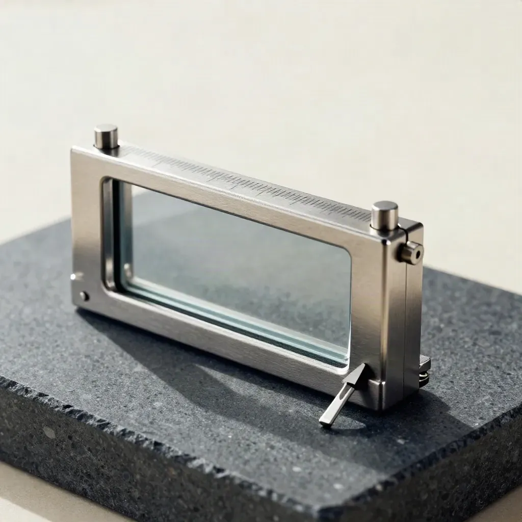 Metalen proefbril, kalibratiesleutel en lensdisplayblok op donker steen in macrodetail.