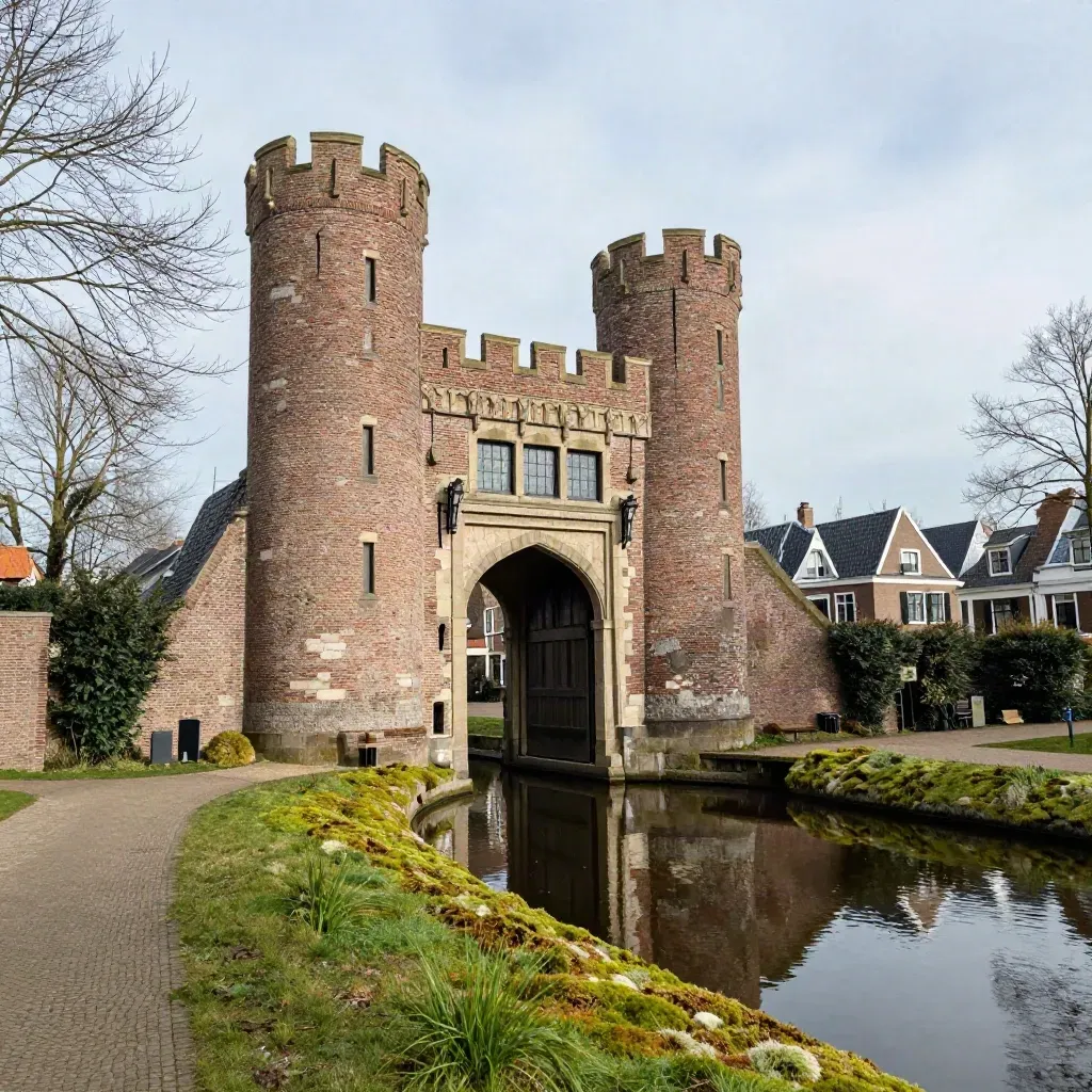 De Koppelpoort en stadsmuur van Amersfoort spiegelen zacht in stil water bij avondlicht